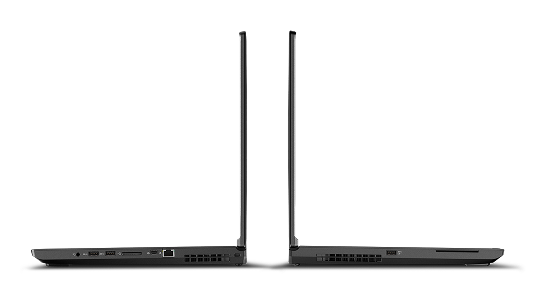 Seitenansicht von zwei Lenovo ThinkPad P72 Rücken an Rücken mit Display um 90 Grad aufgeklappt