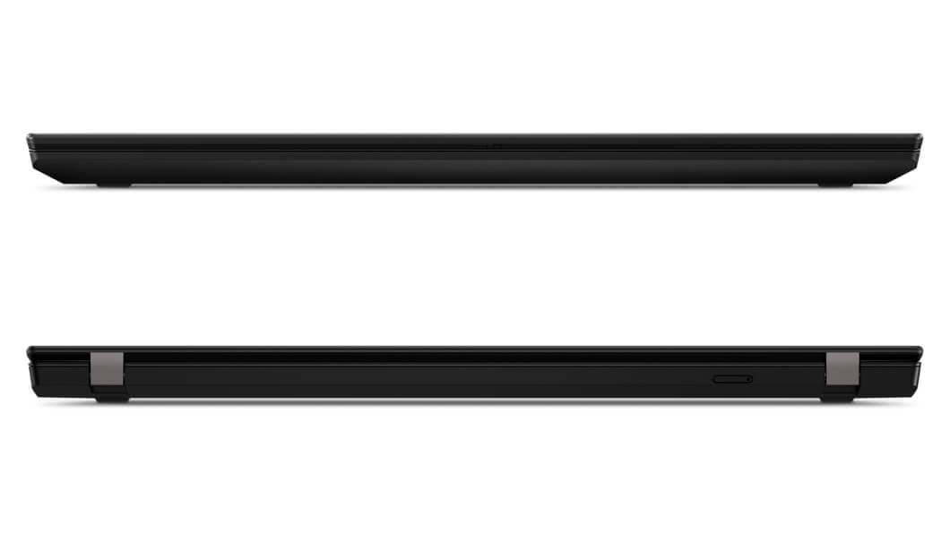 Voor- en achterkant van twee dichtgeklapte Lenovo ThinkPad T14 (AMD)-laptops 