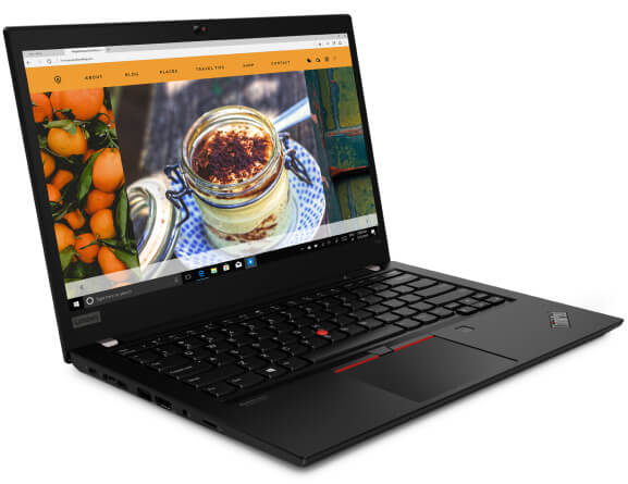 The ThinkPad T14 laptop open 90 degrees to show display and keyboard, angled slightly to show left side ports.