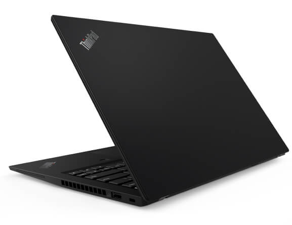 Rear view of the Lenovo ThinkPad T14s laptop open about 75 degrees and angled slightly to show right-side ports.