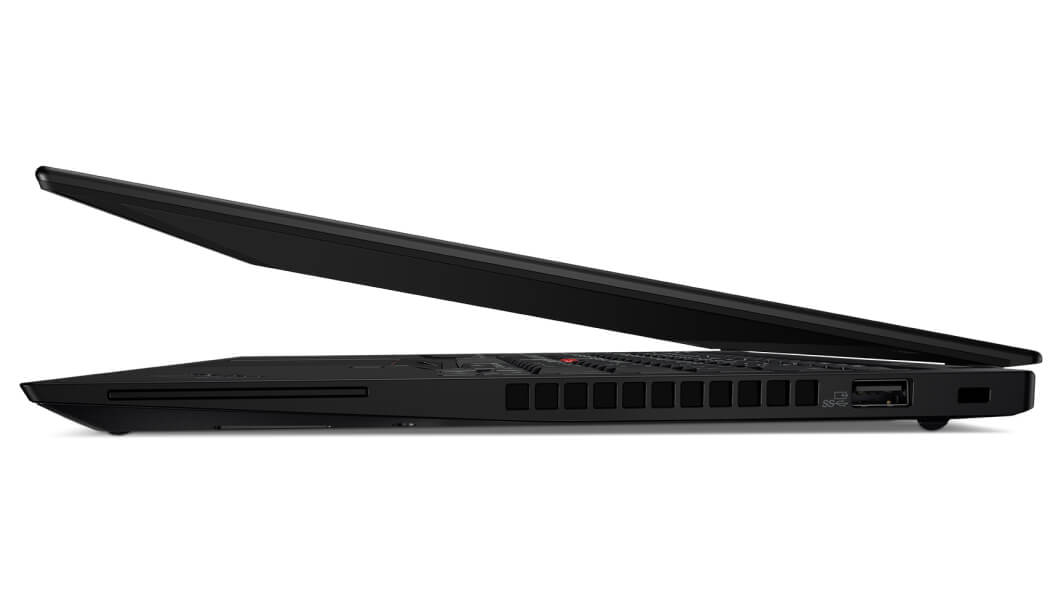 Puoliksi avattu Lenovo ThinkPad T14s (AMD) sivulta kuvattuna