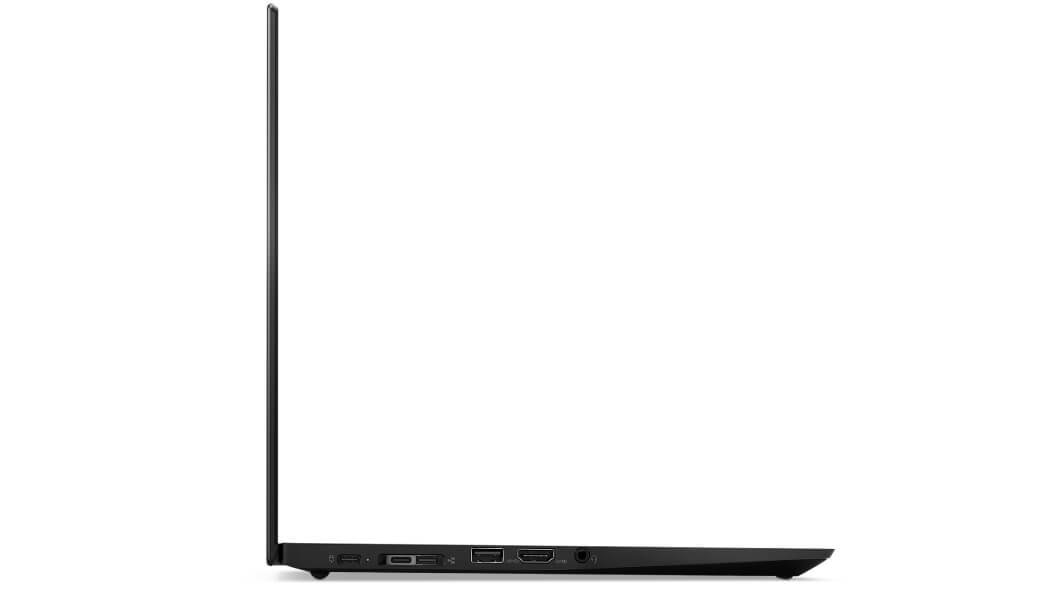 Lenovo ThinkPad T14s (AMD): vista lateral esquerda, aberto a 90 graus