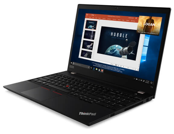 The ThinkPad T15 (Intel) laptop  open 90 degrees and angled slightly to show right side ports. 