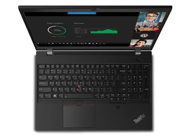 Overhead shot of Lenovo ThinkPad T15p laptop showing keyboard and display.