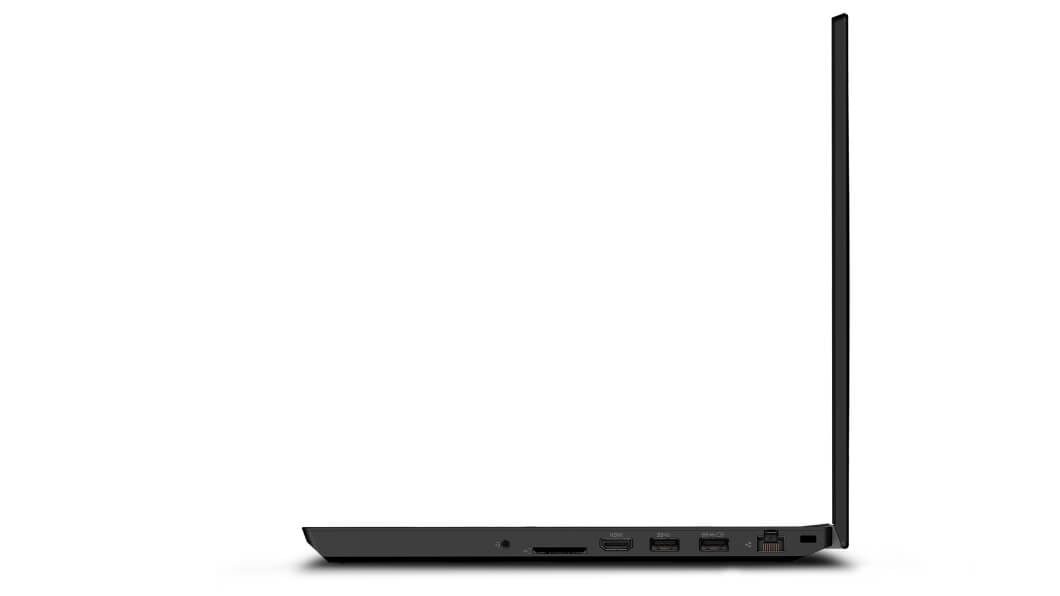 Lenovo ThinkPad T15p, med visning af porte i højre side, åbnet 90 grader