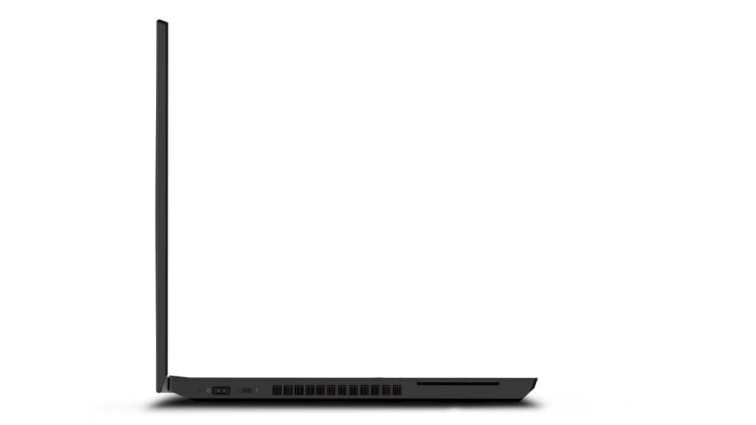 Vista de los puertos del lateral izquierdo del Lenovo ThinkPad T15p abierto a 90 grados