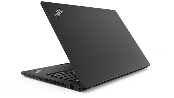 Backside of Lenovo ThinkPad T490 open 80 degrees.