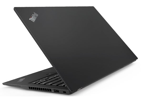 Lenovo ThinkPad T490s backside, in black.