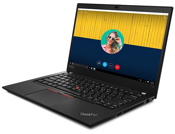 A voice-controlled ThinkPad T495 laptop with the screen open, showing a conference call taking place