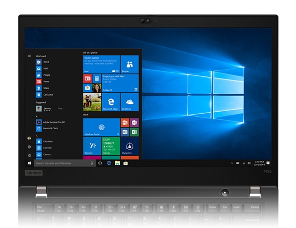 A ThinkPad T495 laptop's 14-inch screen, showing the Windows 10 start menu and app icons.