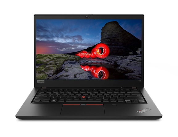 An opened ThinkPad T495 laptop, showing a dramatic volcanic scene with red flowing lava