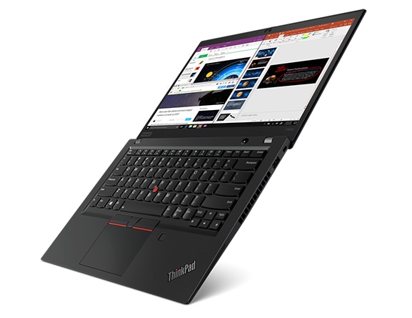 A super sleek, light ThinkPad T495s laptop balanced at a 45-degree angle