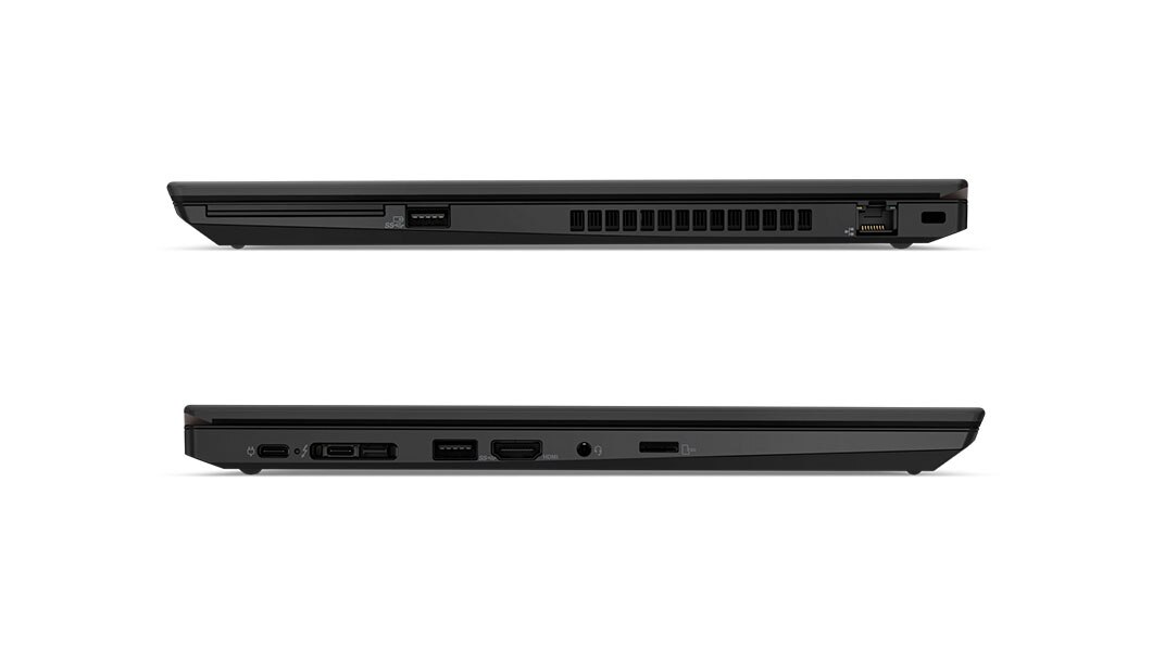 Kaksi suljettua ThinkPad T590 -kannettavaa kuvattuna vasemmalta ja oikealta, näkyvissä liitännät