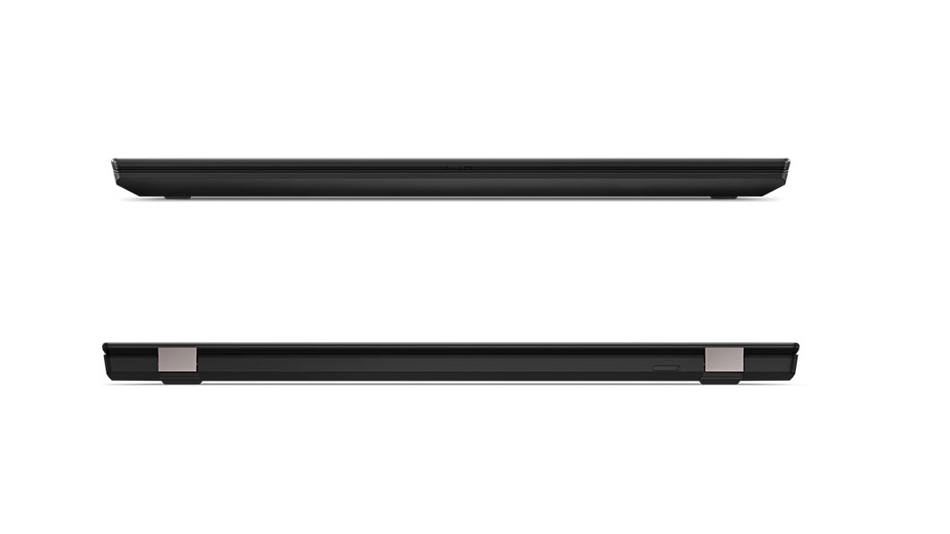 Kaksi suljettua ThinkPad T590 -kannettavaa kuvattuna edestä ja takaa