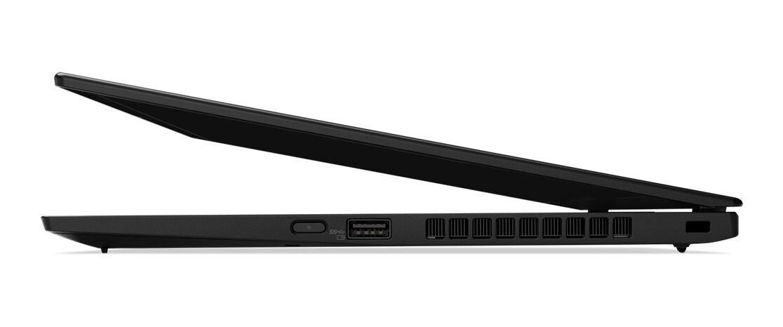 Overhead shot of Lenovo ThinkPad X1 Carbon Gen 7 open 180 degrees.