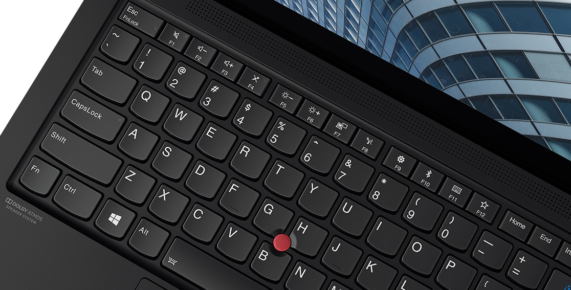 Close-up of keyboard and soundbar on Lenovo ThinkPad X1 Carbon Gen 7.