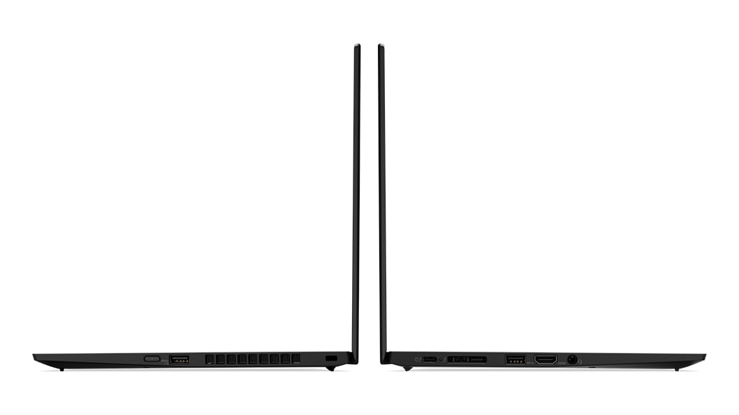 Left and right side view of Lenovo ThinkPad X1 Carbon 7th Gen open 90 degrees