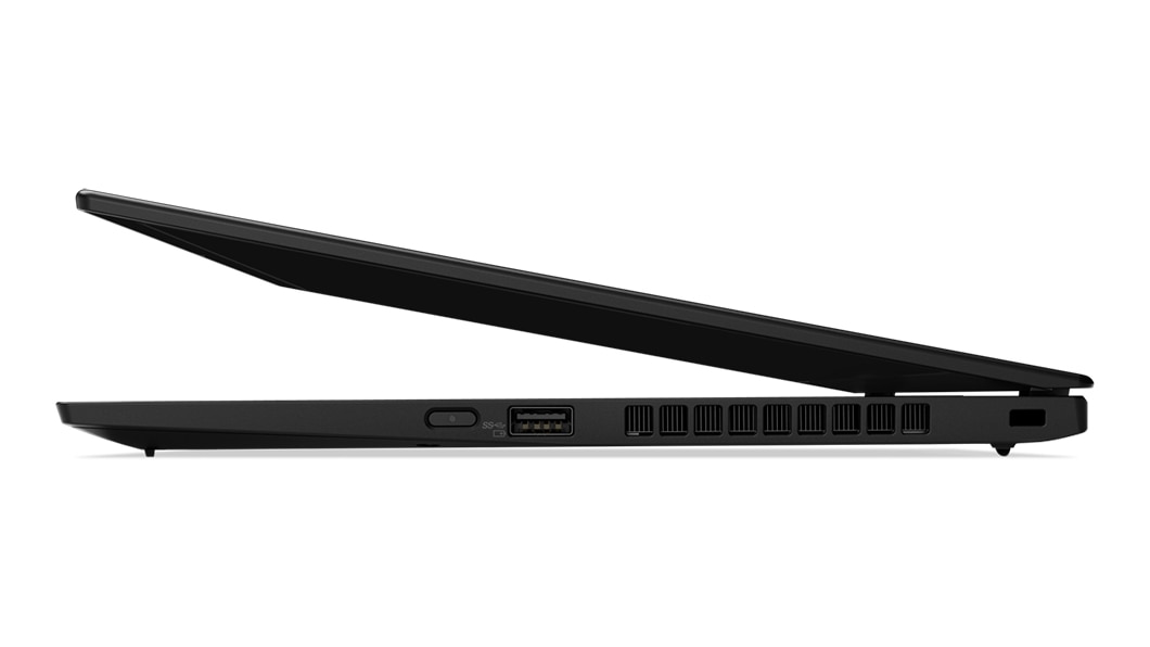 Side view of half closed Lenovo ThinkPad X1 Carbon 7th Gen with visible ports