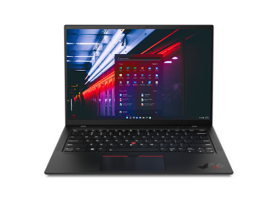 Front facing Lenovo ThinkPad X1 Carbon Gen 9 laptop with color-matched keyboard.
