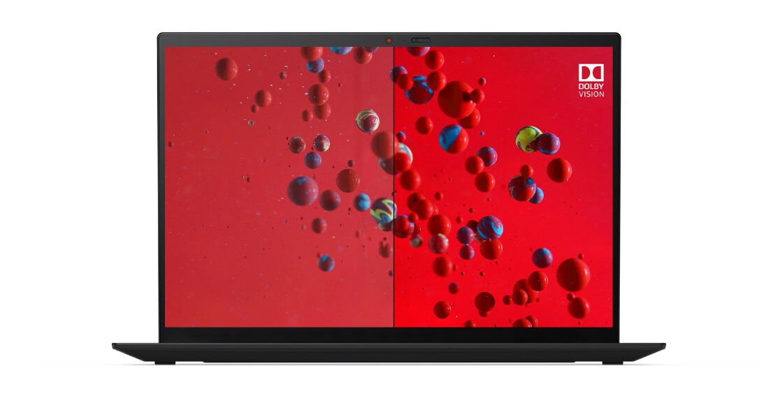 Detail of Lenovo ThinkPad X1 Carbon Gen 9 UHD display showing Dolby Vision on the right half of the screen and standard on the left. 