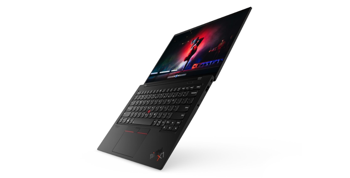 Lenovo ThinkPad X1 Carbon Gen 9のディスプレイを180度開き、右斜め上から見る