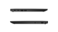 Vues latérales gauche et droite du Lenovo ThinkPad X1 Carbon Gen 9 fermé, montrant les ports et les emplacements.