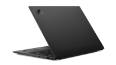 Takaa kuvattu hiilikuitukuvioinen Lenovo ThinkPad X1 Carbon Gen 9 -kannettava, avattuna noin 70 astetta.