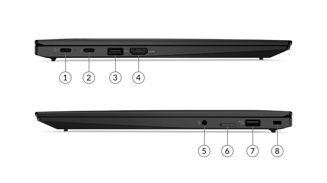 Vista de los dos laterales de la laptop ThinkPad X1 Carbon 9na Gen cerrada con sus puertos