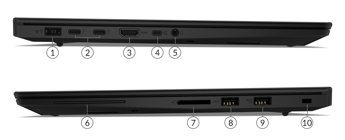 Страничен изглед на ThinkPad X1 Extreme Gen 2, на който се виждат портовете