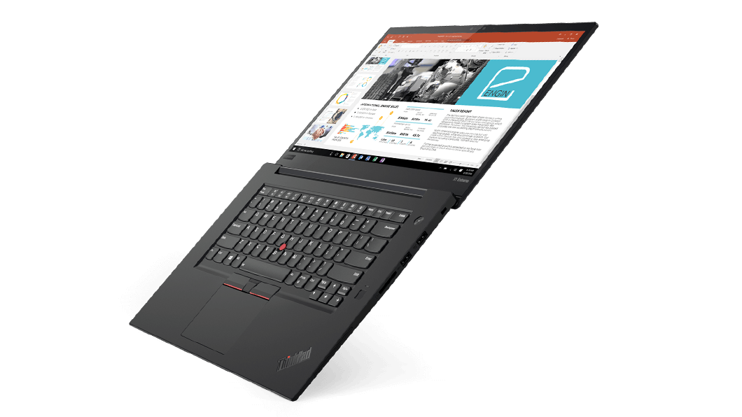 Lenovo ThinkPad X1 Extreme, offene Ansicht von rechts vorne im Winkel von 180 Grad.