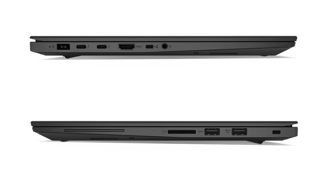 Lenovo ThinkPad X1 Extreme, vues de profil côté gauche et droit montrant les ports.