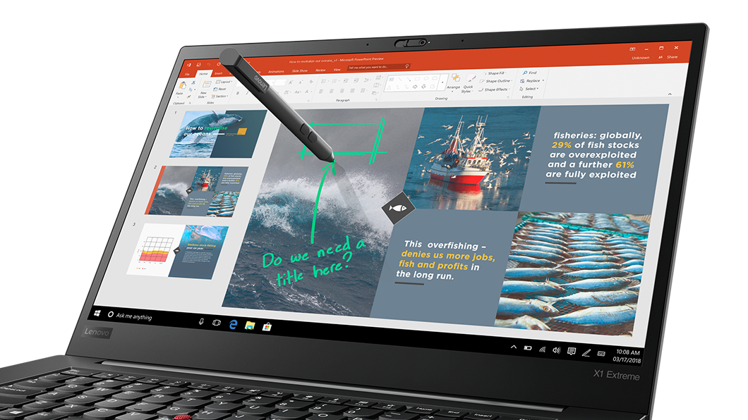 Lenovo ThinkPad X1 Extreme, view of digital pen in use on display.