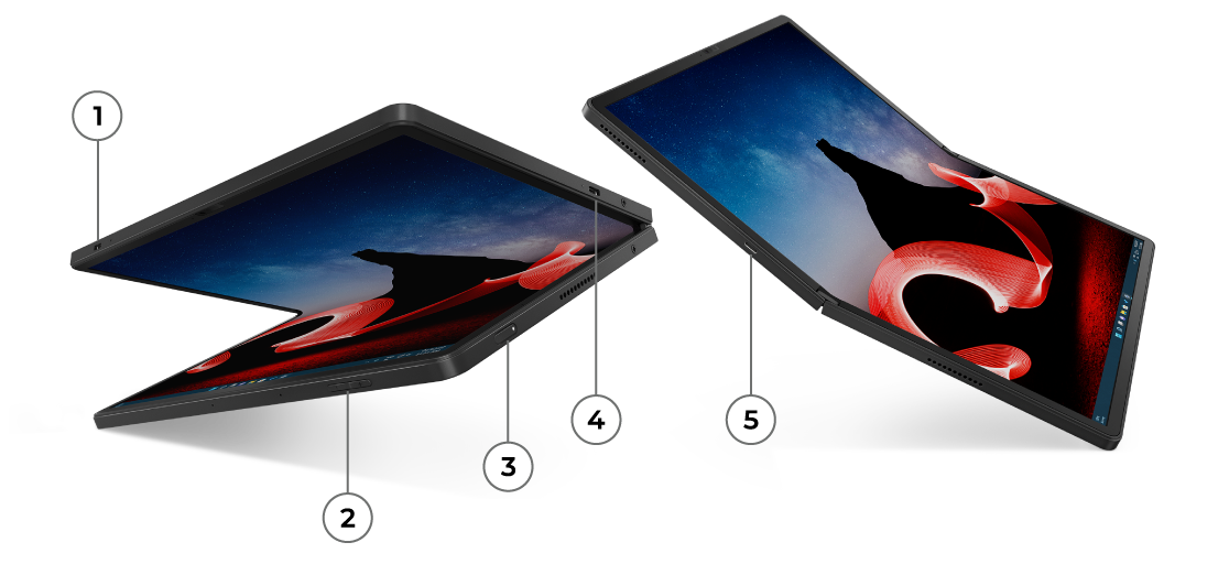 Две устройства Lenovo ThinkPad X1 Fold с обозначени портове & бутони от горе, отпред, & отдясно & отдясно и отляво.