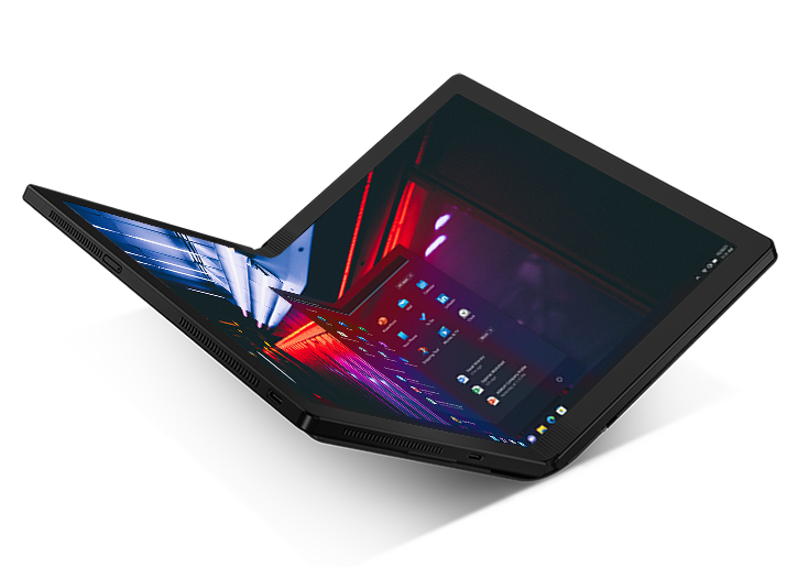 Ligera vista panorámica aérea del Lenovo ThinkPad X1 Fold abierto ligeramente menos de 180 grados