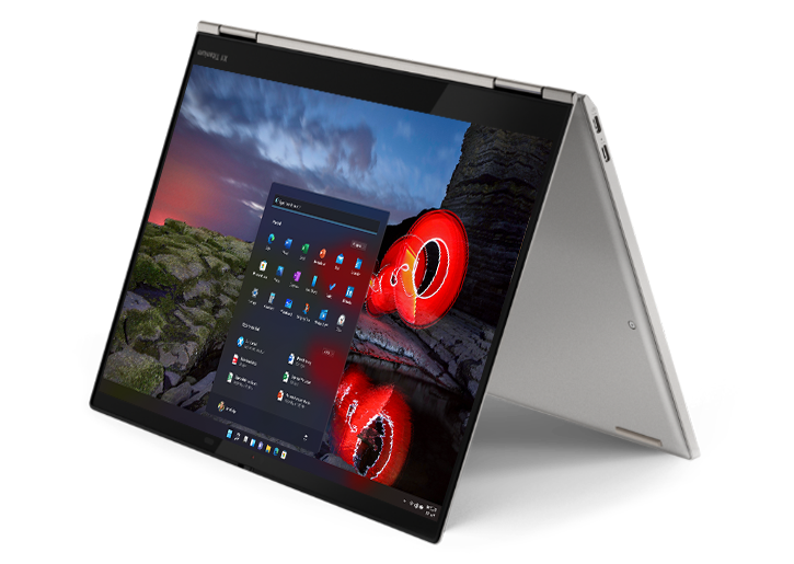 Four Lenovo ThinkPad X1 Titanium Yoga 2-in-1 laptops in multimode uses: open 180 degrees, tablet mode, tent mode, and laptop mode.