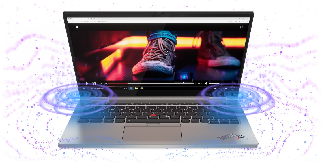 Imagen de la laptop Lenovo ThinkPad X1 Titanium Yoga simulando emisión de sonido