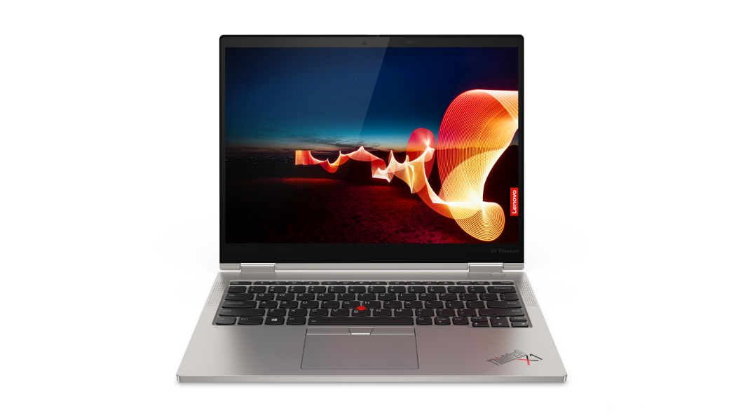 Bærbar Lenovo ThinkPad X1 Titanium Yoga-computer set forfra med 2K-skærm og TrackPad med haptisk feedback.