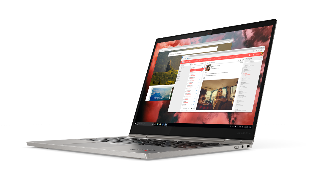 Vista del portátil Lenovo ThinkPad X1 Titanium Yoga abierto a 90 grados, ligeramente inclinado para mostrar el perfil del lado derecho.