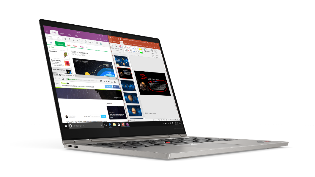 Lenovo ThinkPad X1 Titanium Yoga-laptop, 90 graden geopend, vanuit een lichte hoek om het linkerprofiel te tonen.