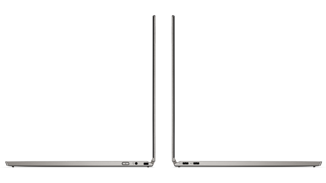 Twee Lenovo ThinkPad X1 Titanium Yoga-laptops met de ruggen tegen elkaar, 90 graden geopend en het rechter- en linkerprofiel worden getoond.