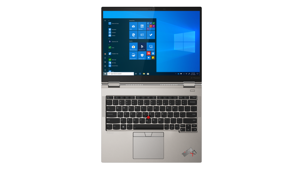 Bovenaanzicht van de Lenovo ThinkPad X1 Titanium Yoga-laptop, 180 graden geopend.