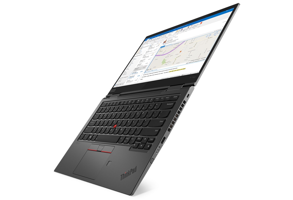 Lenovo ThinkPad X1 Yoga Gen 4 open 180 degrees and angled to show right side ports.