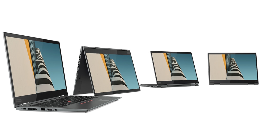 Four Lenovo ThinkPad X1 Yoga Gen 4  2-in-1s in a semi-circle, each in a different use mode: Laptop, Tent, Stand, Tablet.