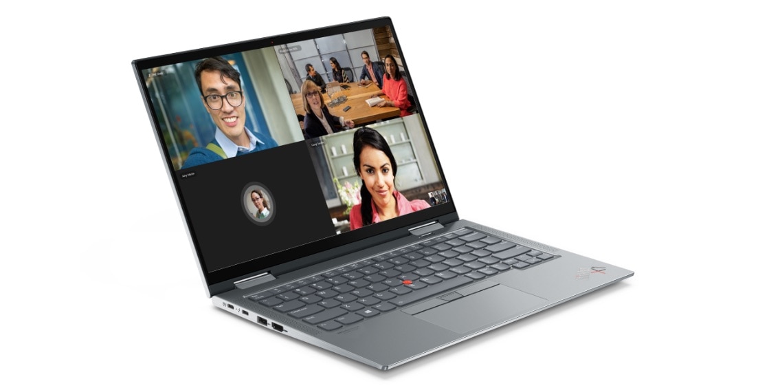 Lenovo ThinkPad X1 Yoga Gen 6 2-in-1 laptop in Storm Gray, open 90 degrees, angled slightly to show left-side ports