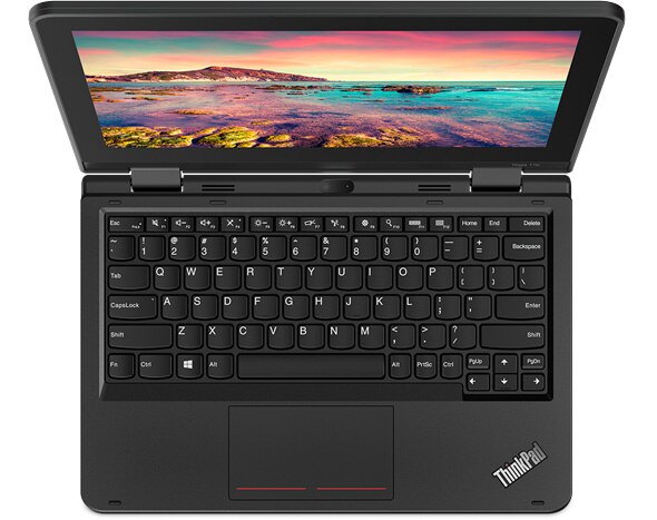 Overhead shot of Lenovo ThinkPad Yoga 11e (5th Gen) showing durable bumpers and strengthened keys.