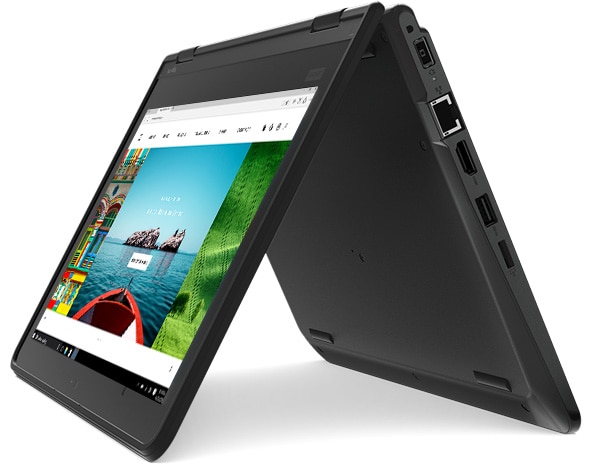 Lenovo ThinkPad Yoga 11e convertible laptop in tent mode.