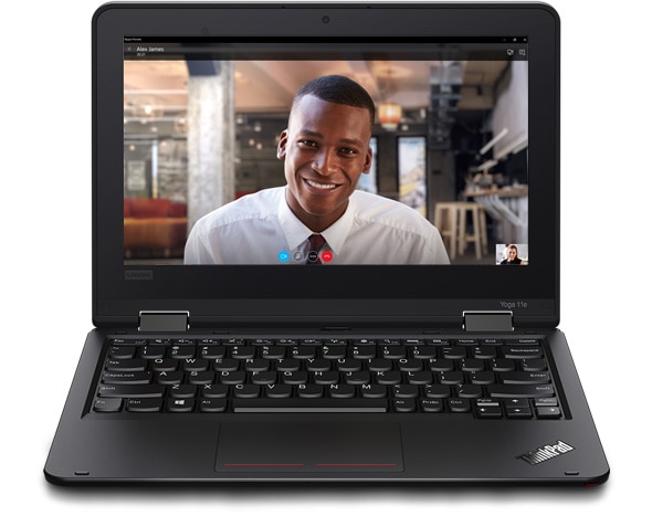 Lenovo ThinkPad Yoga 11e 5th gen laptop, head-on and open 90 degrees showing keyboard and screen with Skype for Business in use.