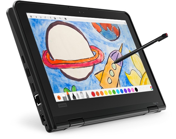 Lenovo ThinkPad Yoga 11e 5th Gen laptop being used in tablet mode with the included pen. 