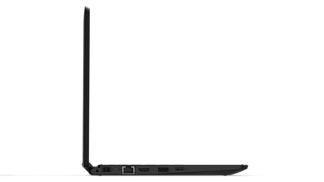 Left side view of Lenovo ThinkPad Yoga 11e (5th gen) laptop open 90 degrees, showing ports.