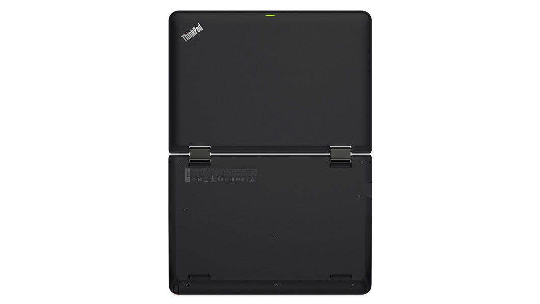 Back side of Lenovo ThinkPad Yoga 11e (5th gen) laptop open 180 degree, showing world-facing camera.